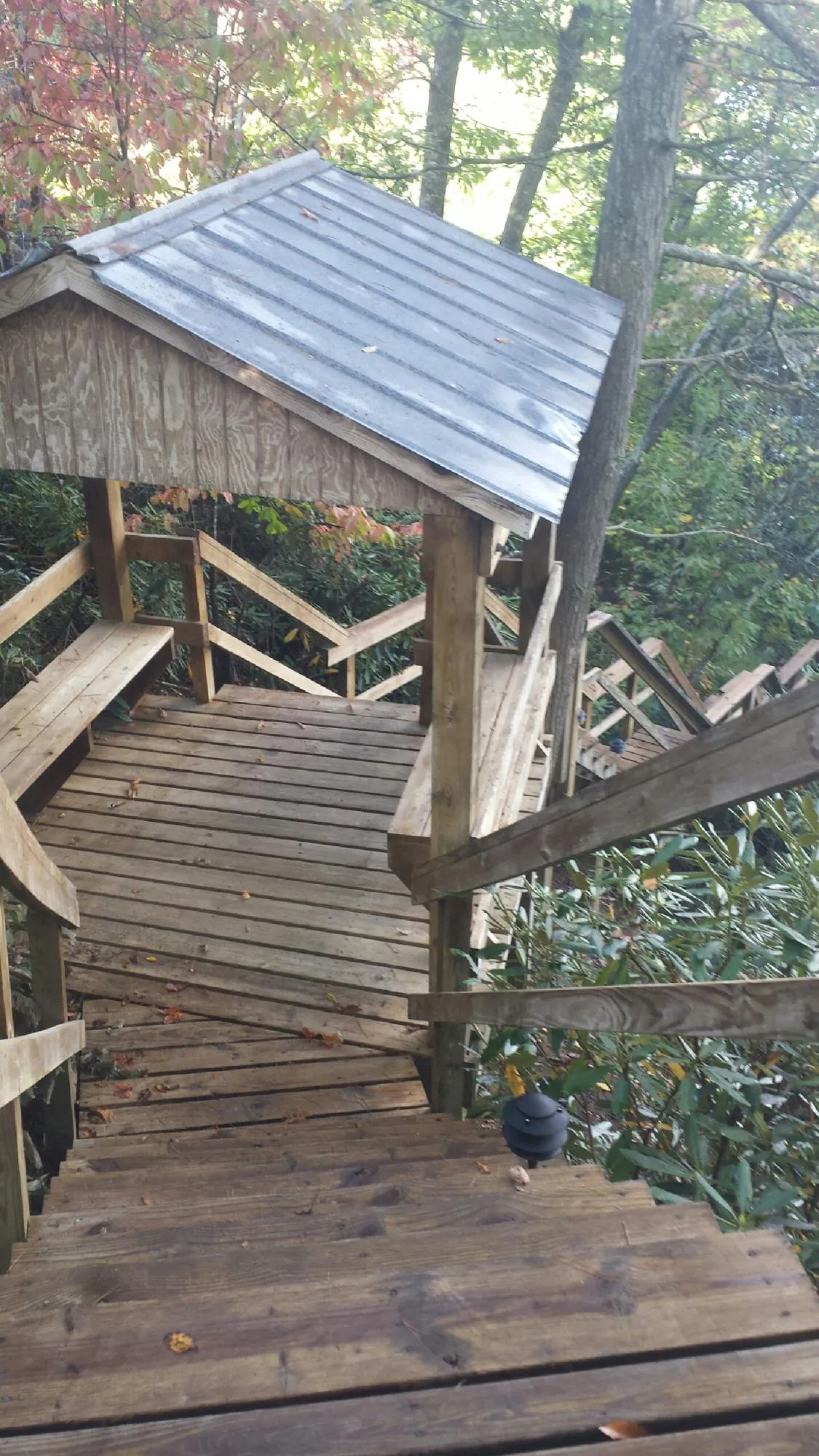 Metal roofed shelter over wooden steps on a wooded walkway — Skylight Repair & Installation work by our crew in Palatine